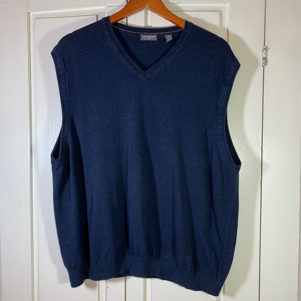 Van Heusen Flex Mens XXL Navy Blue V-Neck Sweater Vest Cotton Blend Academia Dad